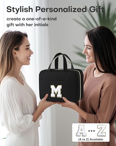 HOTOR Travel Toiletry Bag - Personalized Chenille Initial Makeup Bag, Water-Resistant Personalized Gifts for Women, Portable Travel Accessories & Essentials, Letter M, Black, 11.4"×9.0"×3.35"2