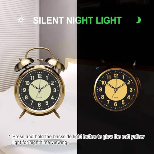 Image of Azyh Loud Alarm Clock for Heavy Sleeper, 4 Inches Twin Bell Battery Operated Metal Alarm Clocks with Night Light for Bedrooms, Retro Analog Alarm Clock for Adults, Silent Non-Ticking (Bronze)