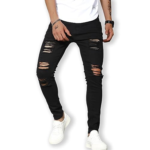 Men's Ripped Distressed Destroyed Slim Fit Straight Leg Denim Jeans Black