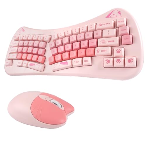 Wireless Ergonomic Keyboard and Mouse Combo - Cute Cat Design, Mini Size, Plug & Play USB Receiver, 1600 DPI Precision, Ideal for Home Office & Studen