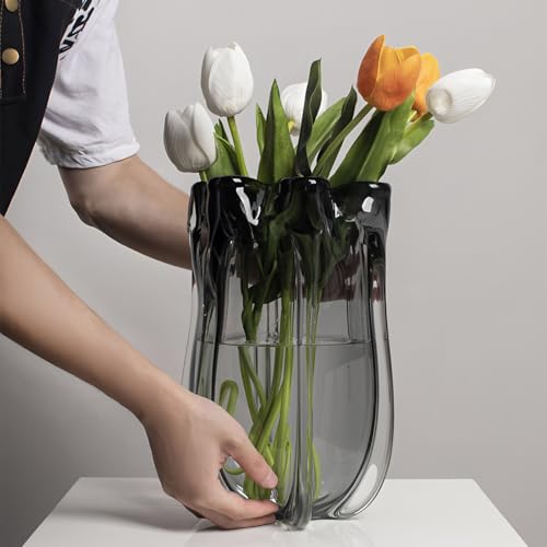 Modern Black Advanced Grey Glass Vase for Flowers, Hand Blown