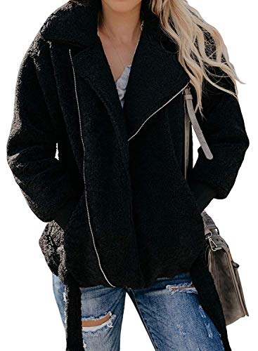 NIUBIA Womens Lapel Faux Fur Long Sleeve Zip up Fuzzy Fleece Jacket Winter Coat with Pockets (Small, Black)
