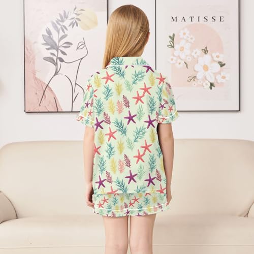 Coral Starfish Green Background Summer Pajamas Set Short Sleeve Button-Up Top Shorts 2PC Satin Sleepwear4