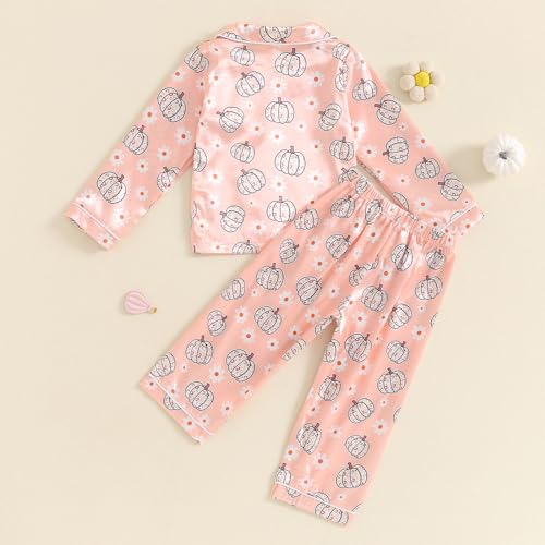 Kayotuas Halloween Pajamas Toddler Girl Pumpkin Ghost Pajama Set Long Sleeve Button Down Shirt Pants Fall 2 Piece Satin Pjs4