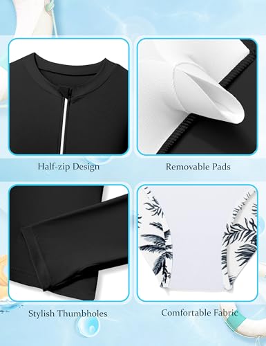 ADIFUN Teen Swimsuits for Girls 12-14 Half-Zip Long Sleeve Modest Girl Rash Guard Swimsuit with Chest Padding 2Pcs Swimwear UPF 50+ Black Leaf Bathing Suits