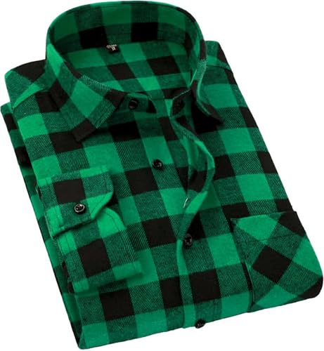Cromoncent Men's Casual Plaid Flannel Long Sleeve Button Down Shirt,Green Black,X-Large