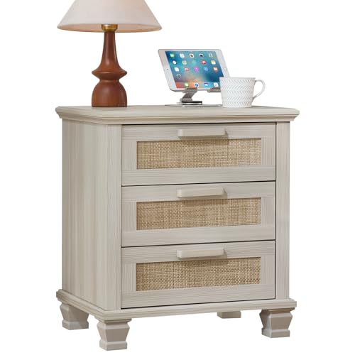LEYAOYAO Rattan Nightstand with Drawers, Boho Bedside Tables for Bedroom, Large Side Tables with 4 Solid Wood Square Legs, Grey LEYAOYAO Rattan Nightstand with Drawers, Boho Bedside Tables for Bedroom, Large Side Tables with 4 Solid Wood Square Legs, Grey