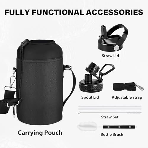 Image of Insulated Water Bottle 64 oz, Triple Wall Vacuum Stainless Steel Water Bottles (Cold for 48 Hrs), Leak Proof & Non-BPA, Half Gallon Water Flask Jug Wide Mouth Straw Lid & Spout Lid
