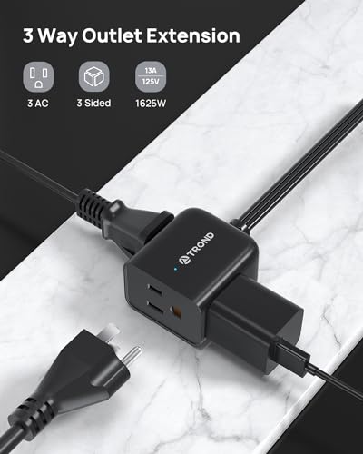 Image of TROND Short Flat Extension Cord 3ft - Left Angled Flat Plug Power Strip, 3 Grounded Plug Extension Outlets, Three Prong, 16 Gauge Power Cable, 13A, Small for Indoor Home Office Cruise Travel, Black