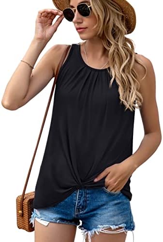 SUEANI Women's Sleeveless Tank Tops Tie Knot Front Solid Round Neck Loose Tops(2X-Large, Black)