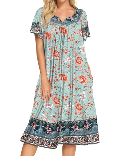 Image of Bloggerlove Mumu House Dress for Women with Pockets Short Sleeve Nightgowns | 15% Cotton, 80% Polyester, 5% Spandex, Floral Mumu House Dress, V-Neck, Short Sleeves, Midi Length, 2 Side Pockets, Lounging