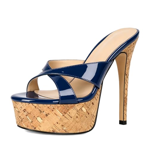 Image of Esvowido Heeled Mules for Women Cork Platform Stiletto Heels Slip on Open Toe High Heeled Sandals Crisscross Slippers Pumps Shoes