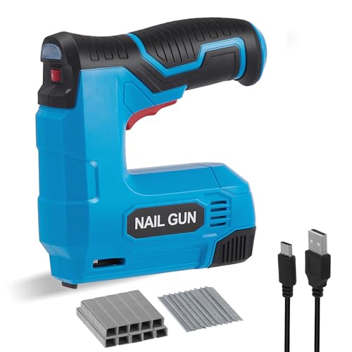 MINENICE Grapadora eléctrica, grapadora eléctrica de iones de litio 2 en 1, kit de clavadora inalámbrica de 3,7 V con grapas y clavos, cargador USB, grapadora eléctrica para tapicería