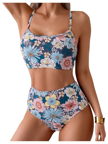 Floerns Women's Floral Bikini Set Square Neck High Waisted 2 Piece Bathing Suits