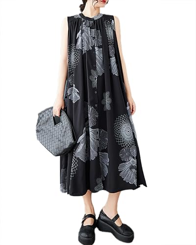 ellazhu Women's Shirt Dress Crewneck Sleeveless Two Side Pockets Patterned Flowy Hem Casual GZ399