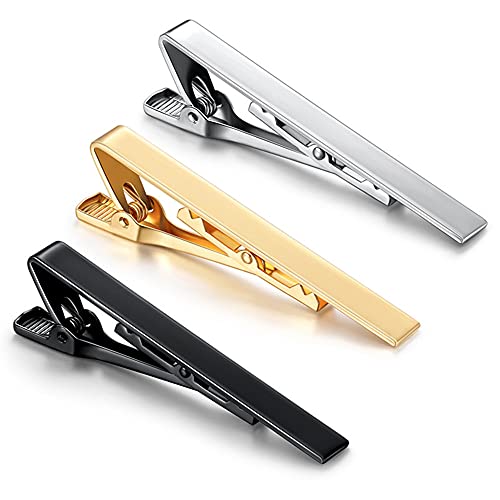 3 Pcs Tie Clips for Men - Bar Set for Wedding, Anniversary, Business - Metal Gold, Silver, Black Tone Simple Necktie Clasp