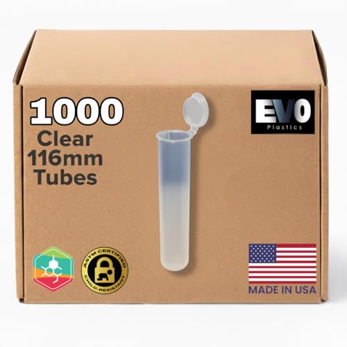 Evo Plastics 1000 Count Clear 116mm Pop Top Tubes – BPA-Free, Airtight Vials for Safe Storage – Made in the USA