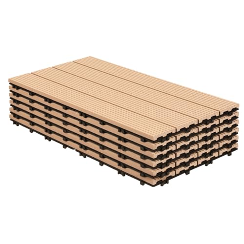Vkechh Placas de terraza de WPC de 30 x 60 cm en color teca, 24 unidades (4 m²) con sistema de clic, azulejos de terraza resistentes al agua en imitación de madera, suelo de balcón de fácil cuidado