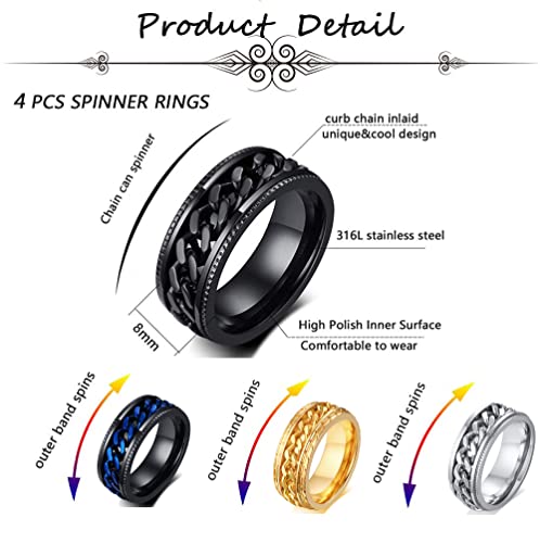 Mozaka 12Pcs Stainless Steel Cool Fidget Band Chain Spinner Rings Dragon Pattern Polished Rings For Men Women Jewerly Set Size 11 #TOP2