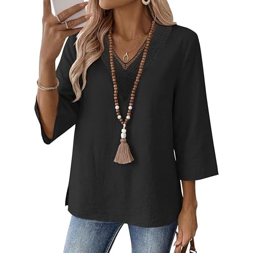 LOMON Women's 3/4 Length Sleeve Boho Tops V Neck Lace Summer Outfits Dressy Casual Flowy Shirts Vacation Clothes Blouses
