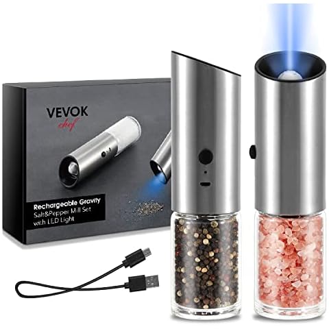 Rechargeable Electric Salt and Pepper Grinder Set with LED Light USB Automatic Gravity Stainless Steel Pepper Mill Spice Grinder Adjustable Coarseness One-Handed Operation Cover