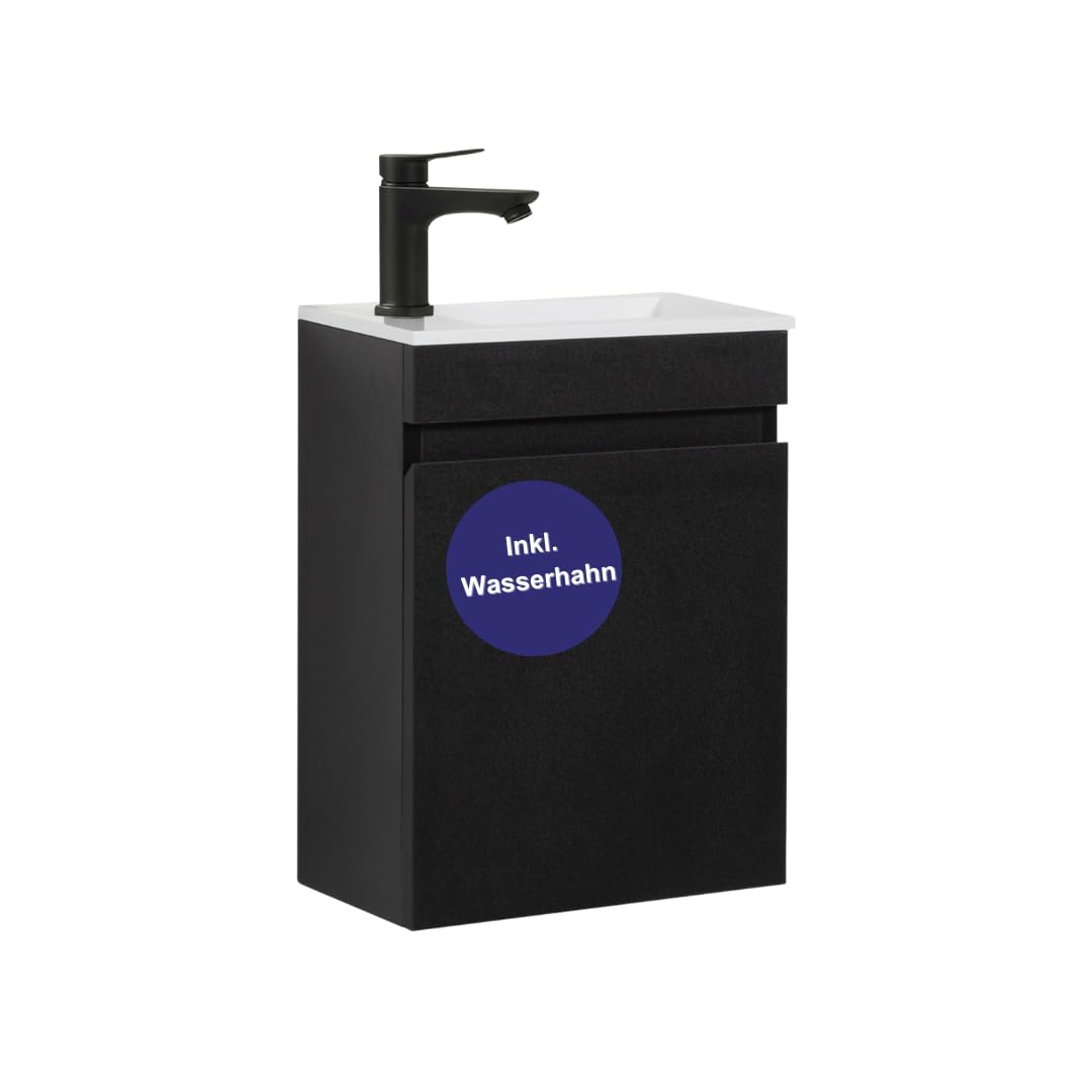 Gäste-WC Waschtisch Set 40 cm Vormontiert Klein Waschbecken mit Unterschrank (Schwarz 40cm, Mit Wasserhahn Schwarz)