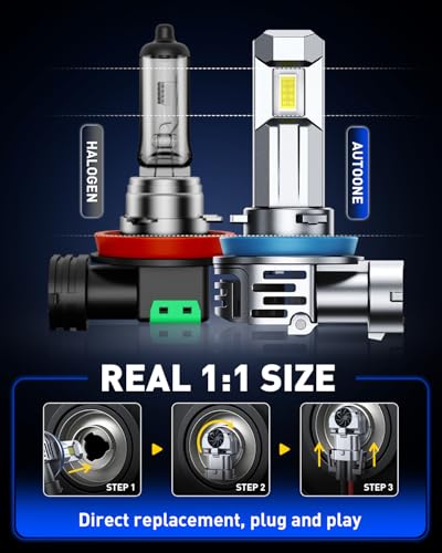 Image of AUTOONE H11 Light Bulbs H8 H9 LED, 1:1 Mini Size, 60,000LM Brightness, No Flicker 6500K Cool White, Easy 3 Min Plug and Play, IP68 Rated, Long Lifespan, 2 PCS