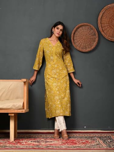 Image of Rimeline Women's Cotton Printed Kurta with Lace Trim Neckline | Straight Fit Ethnic Wear for Office, Casual & Daily Use