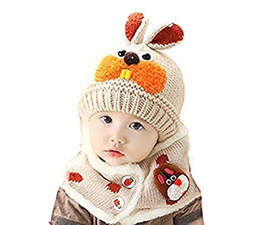 Preisvergleich Produktbild Wintermütze Junge Mädchen Schalmütze mit Plüschfutter Verdickte Strickmütze Strickschal Set Cartoon Tiermütze mit Earflap Gestrickte Kindermütze Kleinkinder Ohrenschutz Mütze Weiche Warme Kappe