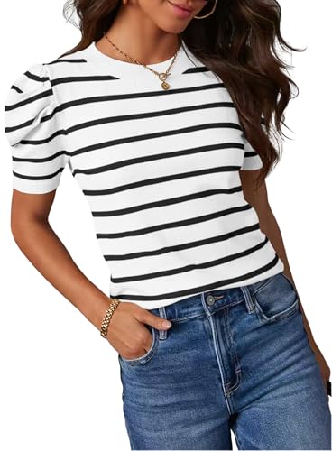 HAEOF Women's Striped Puff Short Sleeve Business...