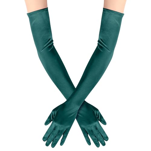 Lansian Long Opera Party Gloves for Women 1920s 20s Satin Gloves Costumes Elbow Length Bridal Evening Dress 21.6 inches (Dark Green)