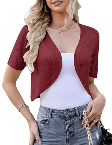 Totatuit Boléro Femme Chic Tricot Gilet Bolero Cardigan Veste Élégant Gilets Court Mousseline Manche Maille Vintage Tops Vin Rouge XL