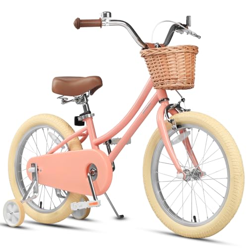 Petimini 18 Inch Little Kids Bike for Age 5 6 7 8 Years Old Girls Retro Vintage Style Bicycles with Basket Training Wheels and Bell, Peach