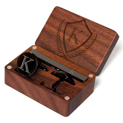 Image of Mens Initial Cufflinks and Tie Clip A-Z Alphabet Letter Black Stainless Cuff Links Tie Bar with Engraved Walnut Wood Box Groom Groomsman Wedding Set