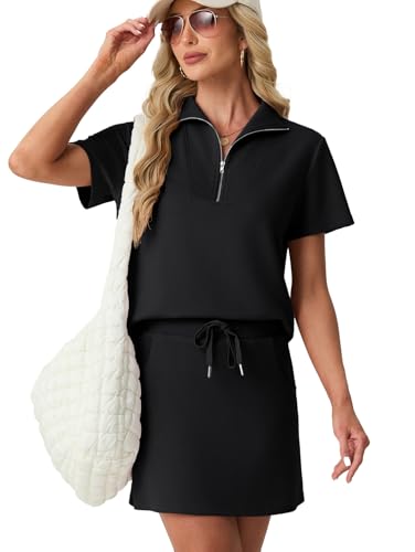 GRECERELLE Skort Sets Women 2 Piece Outfits Tennis Skirt Half Zip Short Sleeve Top Versatile Lounge Sets(Black X-Large)