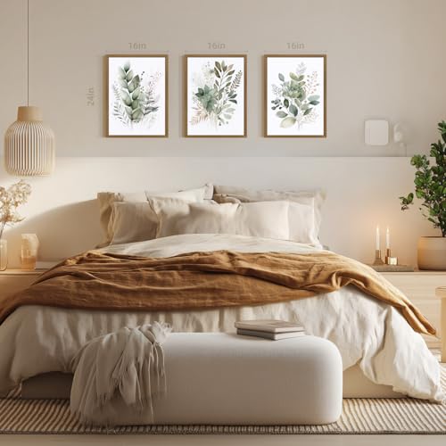 EisEver Watercolor Botanical Wall Art Set of 3, Sage Green Bathroom Wall Decor, Neutral Minimalist Floral Art Prints, Modern Farmhouse Plant Artworks for Living Room Bedroom Wood Framed 12x16 inch by EisEver - Used condition - Image 5