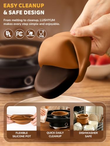 Image of LUSHYUM Electric Chocolate Fondue Set, 4-Cup Chocolate, Rotating Tray | Melt & Warm Modes, Dual Silicone Inserts, 6 Color-Coded Forks, Easy-Clean, Ideal for Candy Melts, Couple Family, Date Night