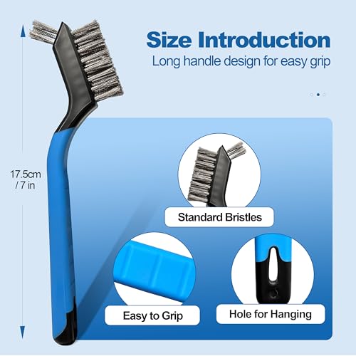 Image of Mini Wire Brush Set 6Pcs - Stainless Steel Wire with Curved Handle Grip for Rust, Dirt & Paint Scrubbing with Deep Cleaning