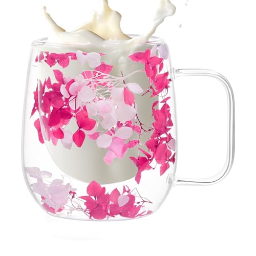 Tazas De Vidrio De Doble Pared,Tazas De Vidrio De Doble Pared | Taza de café aislada con flores secas,Taza transparente con aislamiento térmico, tazas de té aisladas de doble capa con asa de 200ml par