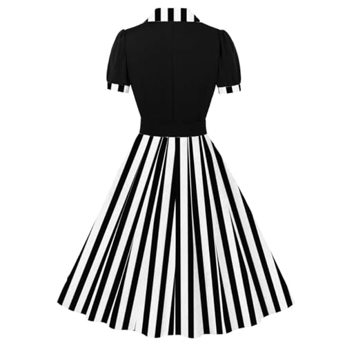 Image of ODIZLI Women's 1950s Retro Dress Short Sleeve Notched Lapel Polka Dot Stripe Swing Dress with Belt Cocktail Dress