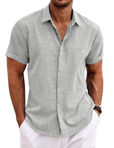 Image of COOFANDY Men's Linen Shirts Short Sleeve Casual Shirts Button Down Shirt for Men Beach Summer Wedding Shirt