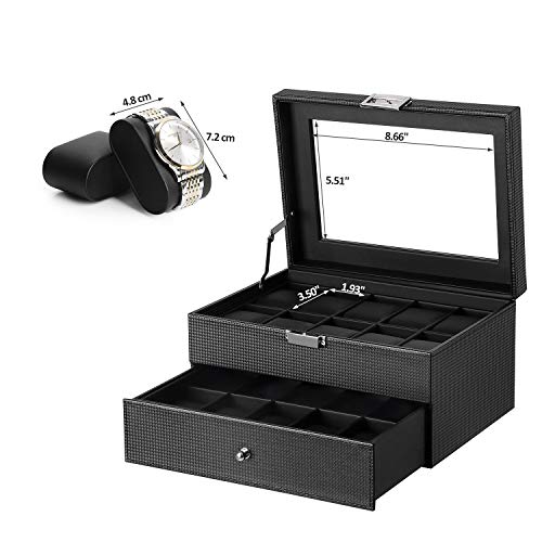 Bewishome Watch Box Organizer 20 Slots Watch Case Men Display Storage Case Metal Hinge Carbon Fiber Design Glass Top Large Holder Black Ssh04C #TOP6