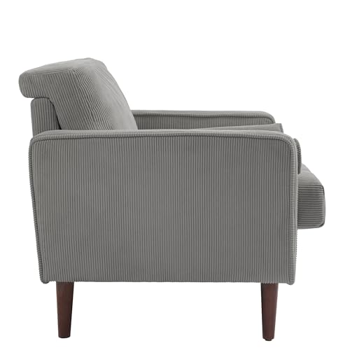 Image of Accent Chair, Corduroy Upholstered Arm Chairs for Living Room, Comfy Armchair Mid-Century Track Armrest Single Sofa Bedroom Reading Seat with 2 Bolster Pillows - Light Gray, Set of 1