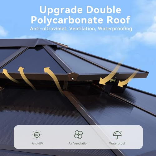 Image of Aoxun 12' x 20' Outdoor Wood Gazebo with Double Polycarbonate Top, Hardtop Gazebo Permanent Wooden Pavilion with Breathable Netting and Privacy Curtain for Patio, Garden, Deck, Cedar Wood, Natural