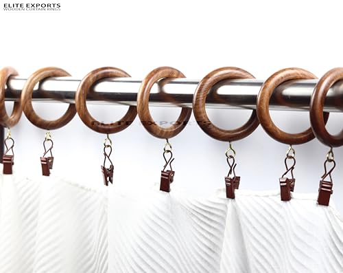24 Pcs Curtain Rings with Clips Wooden, 2.5 inch for 1-1.5 inch Rod, Window Shower Curtain Hooks, Wood Curtain Rod Wood Curtain Rings with Eyelet, Drapery Rings, (24, 1.75 INCH Inner Dia)