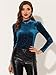 Allegra K Velvet Tops for Women's Puff Long Sleeve Mock Neck Vintage Christmas Shiny Metallic Blouse Small Peacock Blue