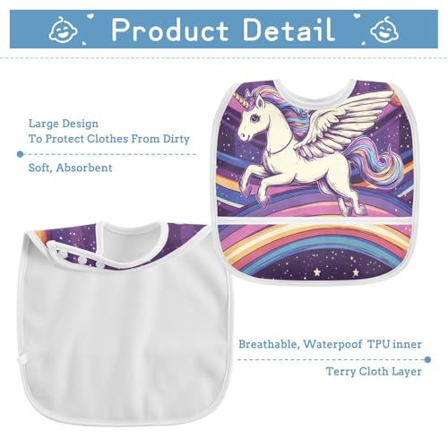 MCHIVER Unicorn Rainbow Purple Baby Bibs for tag1 Waterproof Feeding Bib Apron with Food Cather Adjustable Cotton Food Eating Bib 2 Pack3