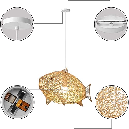 MIXL - Fish-Shaped Rattan Woven Pendant Light,1-Lights Boho Fish Lighting,Natural Weaving Wicker Light Fixture,Rustic Farmhouse Rattan Chandelier for Dining Room Living Room Bedroom Kitchen - Image 6