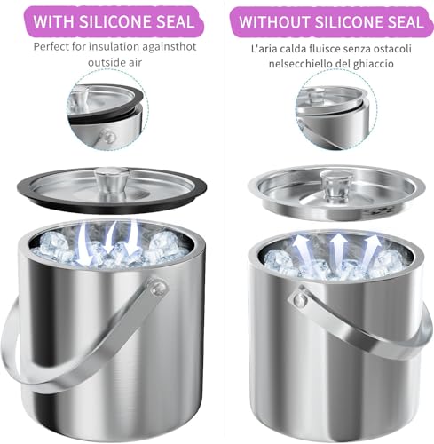 Silicone Lid Stainless Steel Insulated Ice Bucket with Tongs &Strainer, 2L Double Wall ice Bucket, for Home Bar, Restaurant, BBQ, Parties, Clubs - Image 5