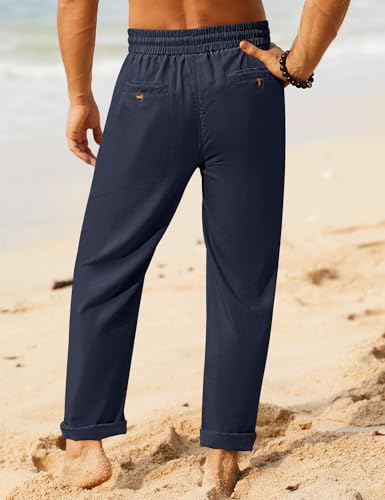 Image of iWoo Linen Pants Men Casual 2025 Summer Beach Elastic Drawstring Waist Yoga Pants Travel Baggy Work Pant Pajama